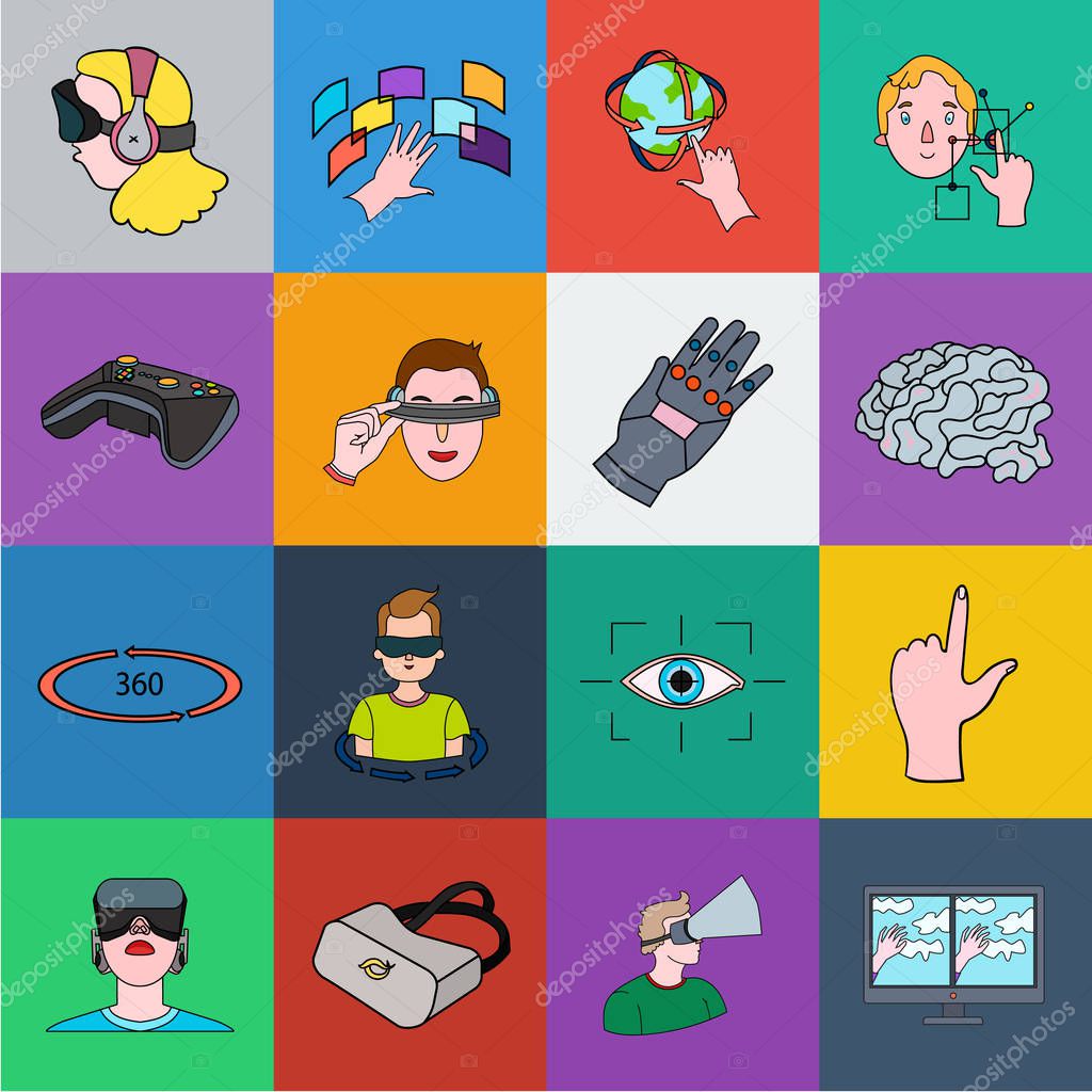 A virtual reality cartoon icons in set collection for design. Modern technology and equipment vector symbol stock  illustration.