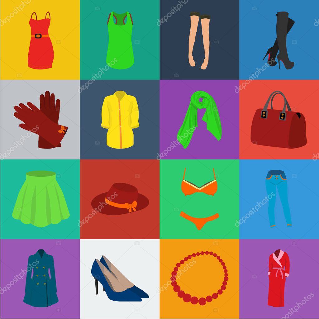 Womens Clothing cartoon icons in set collection for design.Clothing Varieties and Accessories vector symbol stock  illustration.