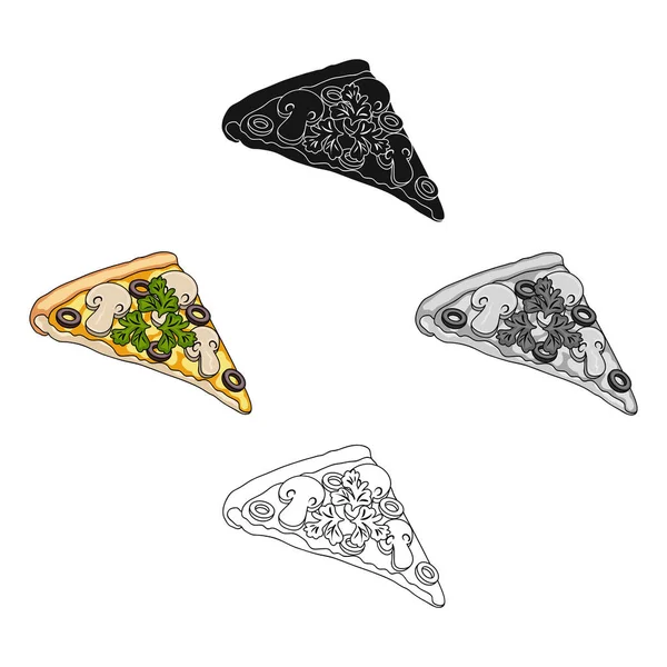 Uma fatia de pizza com ingredientes diferentes. Ícone único pizza diferente em desenho animado estilo vetor símbolo ilustração web . — Vetor de Stock