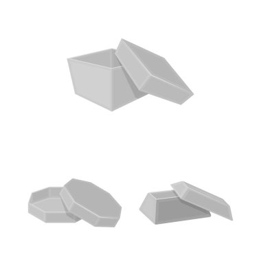 Karton ve teslimat simge vektör tasarımı. Hisse senedi için karton ve etiket vektör simge kümesi.