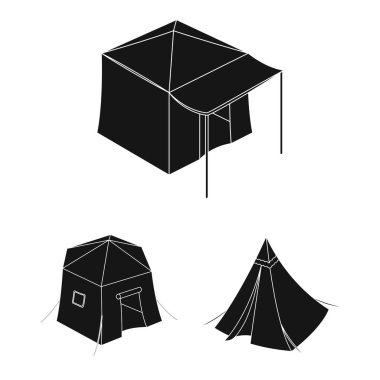 Çadır ve kamp simge vektör Illustration. Çadır ve orman hisse senedi vektör çizim seti.