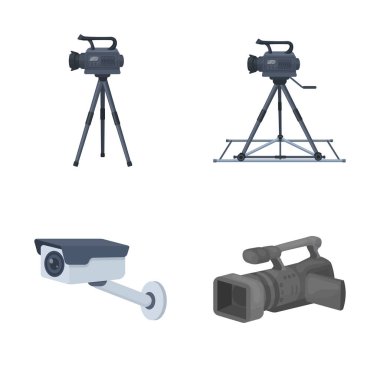 Video kamera ve kamera simgesi yalıtılmış nesne. Hisse senedi için video kamera ve gösterge tablosu vektör simge topluluğu.