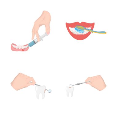 Diş ve mutlu logo vektör tasarımı. Diş ve hisse senedi için beyazlatma vektör simge kümesi.