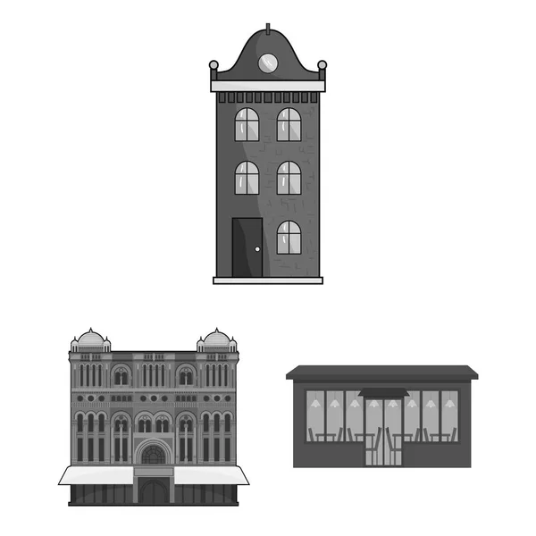 Vector ontwerp van gebouw en stad icoon. Set van gebouw en het aandelensymbool van het bedrijf voor web. — Stockvector
