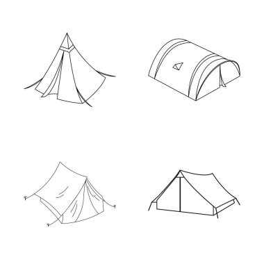 Çadır ve kamp logo yalıtılmış nesne. Çadır ve orman hisse senedi vektör çizim seti.