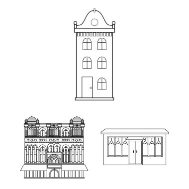 Bina ve şehir simge vektör tasarımı. Bina ve iş hisse senedi vektör çizim koleksiyonu.