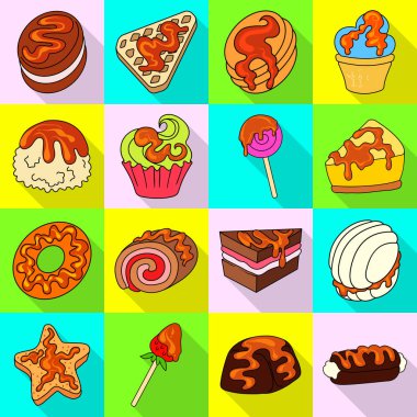 Şekerlemeler ve mutfak simge vektör tasarımı. Şekerlemeler ve hisse senedi için renkli vektör ikon koleksiyonu.