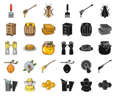 Arı kovanı ve Arıcılık çizgi film, siyah set koleksiyonu tasarım için simgeler. Ekipman ve bal üretim sembol stok web illüstrasyon vektör.