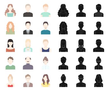Set koleksiyonu tasarım için avatar ve yüz çizgi film, siyah simgeler. Bir kişi görünümü vektör simge stok web çizim.