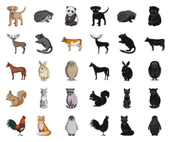 Realistische Tiere Cartoon, schwarze Symbole in Set-Kollektion für das Design. wilde und Haustiere Vektor Symbol Stock Web Illustration. — Stockvektor