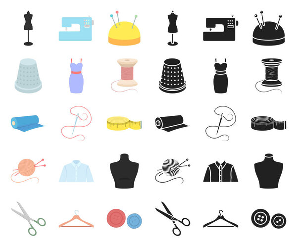 Atelier and sewing cartoon,black icons in set collection for design. Equipment and tools for sewing vector symbol stock web illustration.