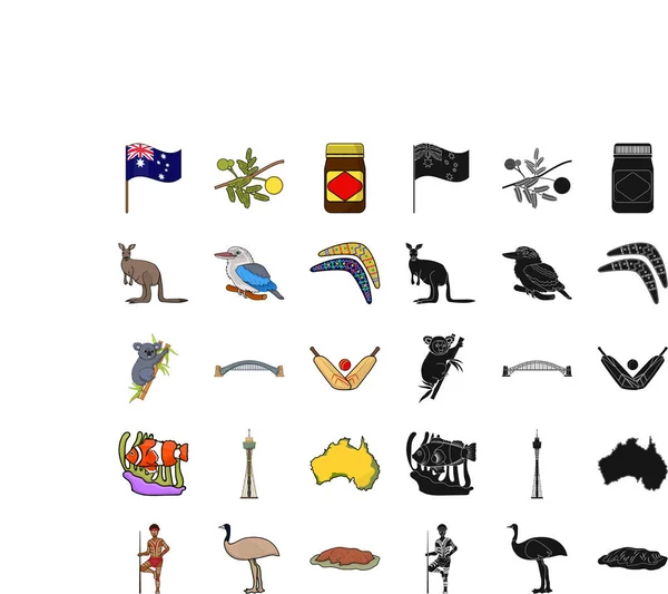 Χώρα Αυστραλία εικονίδια γελοιογραφία, μαύρο σετ συλλογής για το σχεδιασμό. Ταξίδια και Αξιοθέατα σύμβολο μετοχής web εικονογράφηση διάνυσμα. — Διανυσματικό Αρχείο