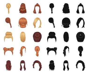 Set koleksiyonu tasarım için kadın saç modeli çizgi film, siyah simgeler. Şık saç kesimi vektör simge stok web çizimi.