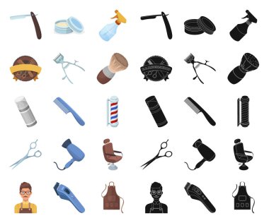Set koleksiyonu tasarım için berber dükkanı ve ekipman çizgi film, siyah simgeler. Saç kesimi ve tıraş sembol stok web illüstrasyon vektör.