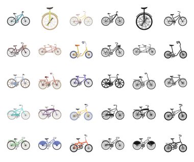 Set koleksiyonu tasarım için çeşitli Bisiklet çizgi film, siyah simgeler. Ulaşım vektör simge stok web örnek tür.