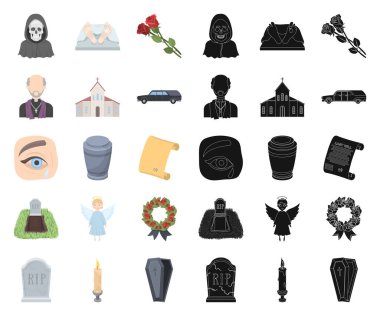 Set koleksiyonu tasarım için cenaze töreni çizgi film, siyah simgeler. Cenaze törenleri ve öznitelikleri sembol stok web illüstrasyon vektör.