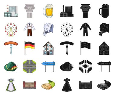 Set koleksiyonu tasarım için ülke Almanya çizgi film, siyah simgeler. Almanya ve dönüm noktası sembol stok web illüstrasyon vektör.