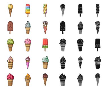 Set koleksiyonu tasarım için farklı dondurma çizgi film, siyah simgeler. Tatlı ve tatlılık sembol stok web illüstrasyon vektör.