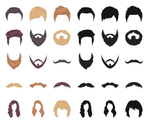 Bigode e barba, desenhos animados penteados, ícones pretos na coleção de conjuntos para design. Elegante corte de cabelo vetor símbolo web ilustração . — Vetor de Stock