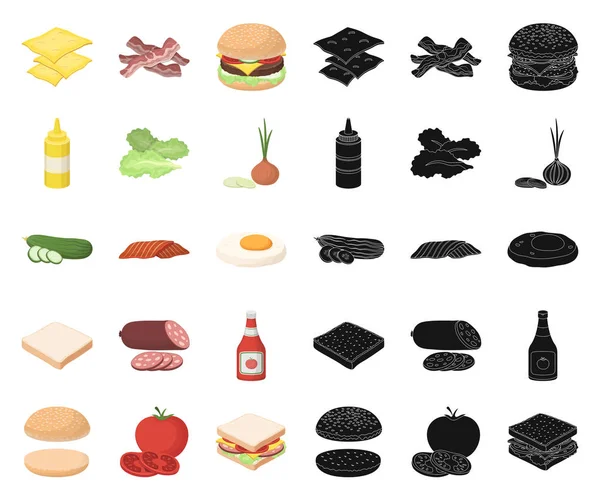 Set koleksiyonu tasarım için Burger ve malzemelerle çizgi film, siyah simgeler. Vektör simge stok web illüstrasyon pişirme Burger. — Stok Vektör