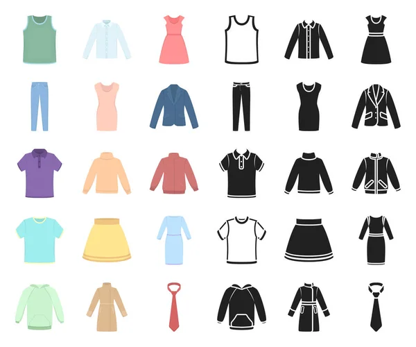 Κινουμένων σχεδίων διαφορετικά είδη των ρούχων, μαύρο εικόνες set συλλογής για το σχεδιασμό. Ρούχα και στυλ σύμβολο μετοχής web εικονογράφηση διάνυσμα. — Διανυσματικό Αρχείο