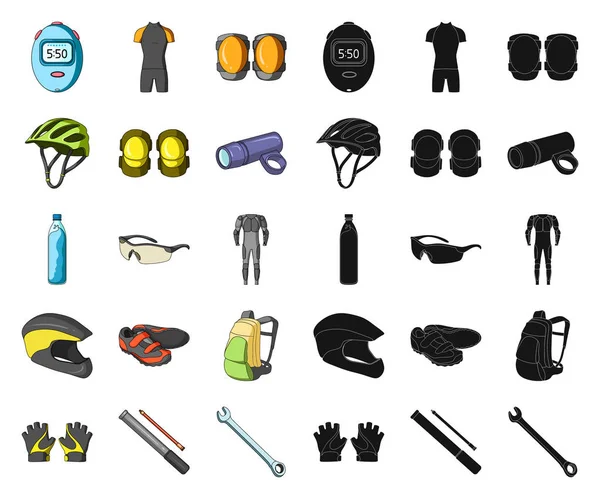 Fahrrad-Outfit Cartoon, schwarze Symbole in Set-Kollektion für Design. Fahrrad und Werkzeug Vektor Symbol Stock Web Illustration. — Stockvektor
