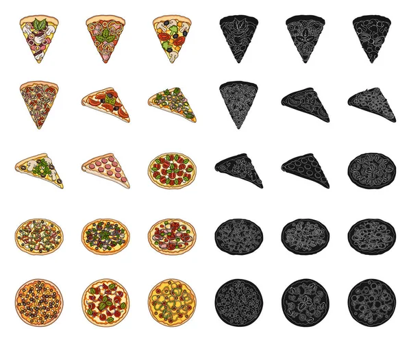 Set koleksiyonu tasarım için farklı pizza çizgi film, siyah simgeler. Pizza yemek vektör simge stok web çizim. — Stok Vektör