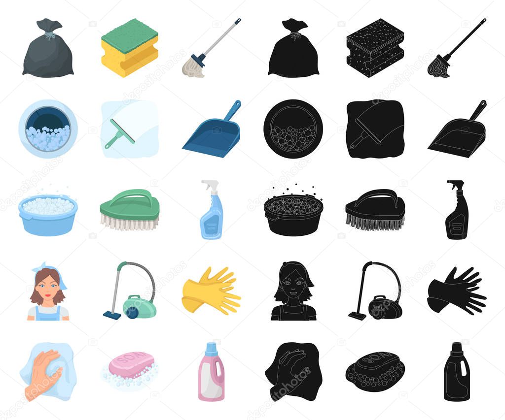 Cleaning and maid cartoon,black icons in set collection for design. Equipment for cleaning vector symbol stock  illustration.