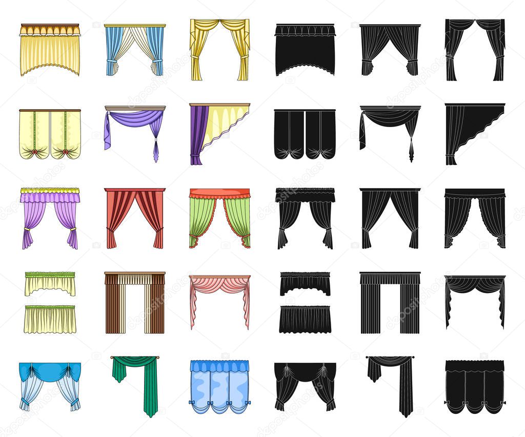 Different kinds of curtains cartoon,black icons in set collection for design. Curtains and lambrequins vector symbol stock  illustration.
