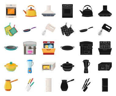 Set koleksiyonu tasarım için mutfak ekipman çizgi film, siyah simgeler. Sembol stok web illüstrasyon vektör mutfak ve aksesuarları.