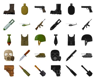 Set koleksiyonu tasarım için ordu ve donatma çizgi film, siyah simgeler. Silah ve teçhizat sembol stok web illüstrasyon vektör.