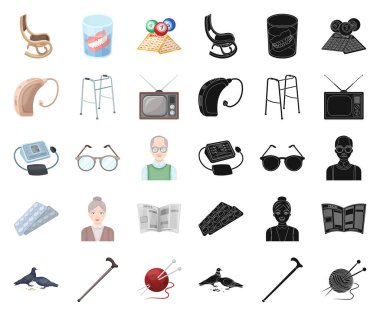 İnsan yaşlılık çizgi film, siyah set koleksiyonu tasarım için simgeler. Emekli, hayat vektör simge stok web resimde nokta.