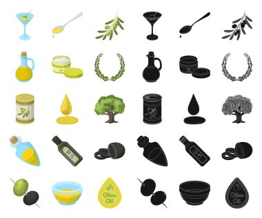 Set koleksiyonu tasarım için zeytin, gıda çizgi film, siyah simgeler. Zeytin yağı, vektör simge stok web illüstrasyon baharat.