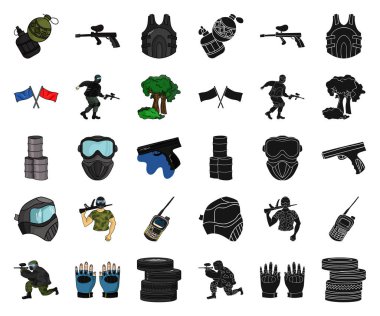 Paintball, takım oyunu çizgi film, set koleksiyonu tasarım için siyah simgeler. Ekipman ve kıyafet sembol stok web illüstrasyon vektör.