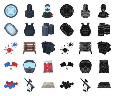 Paintball, takım oyunu çizgi film, set koleksiyonu tasarım için siyah simgeler. Ekipman ve kıyafet sembol stok web illüstrasyon vektör.