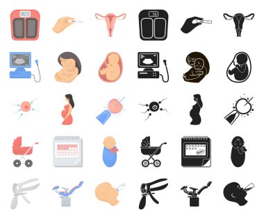 Set koleksiyonu tasarım için kadın ve gebelik çizgi film, siyah simgeler. Kadın hastalıkları ve ekipman sembol stok web illüstrasyon vektör.