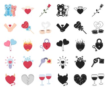 Set koleksiyonu tasarım için romantik ilişki çizgi film, siyah simgeler. Sevgi ve dostluk sembolü hisse senedi web illüstrasyon vektör.