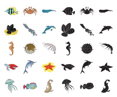 Deniz hayvanları çizgi film, siyah simgeler set koleksiyonu tasarım için çeşitli. Balık ve kabuklu deniz ürünleri sembol stok web illüstrasyon vektör.