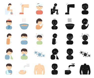 Set koleksiyonu tasarım için hasta adam çizgi film, siyah simgeler. Hastalık ve tedavi sembol stok web illüstrasyon vektör.