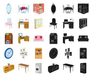 Mobilya ve iç çizgi film, set koleksiyonu tasarım için siyah simgeler. Ev mobilyası izometrik sembol stok web illüstrasyon vektör.