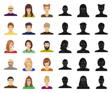 Set koleksiyonu tasarım için avatar ve yüz çizgi film, siyah simgeler. Bir kişi görünümü vektör simge stok web çizim.