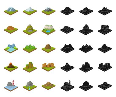 Dağlar, büyük çizgi film, set koleksiyonu tasarım için siyah simgeler. Dünya vektör izometrik sembol stok web çizim yüzeyi.