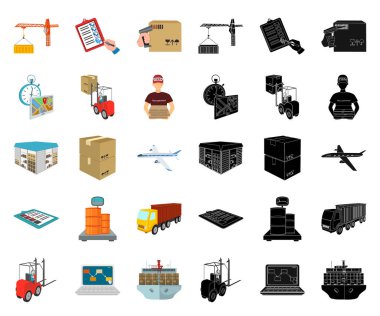 Lojistik ve teslim çizgi film, siyah simgeler toplama tasarımı için ayarlayın. Taşıtlar ve donatımı izometrik vektör simge stok web çizim.