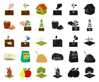 Set koleksiyonu tasarım için çiftlik ve tarım çizgi film, siyah simgeler. Bahçe ve bitki izometrik vektör simge stok web çizim.