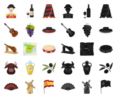 Set koleksiyonu tasarım için İspanya ülke çizgi film, siyah simgeler. Sembol stok illüstrasyon vektör seyahat ve konumlar.