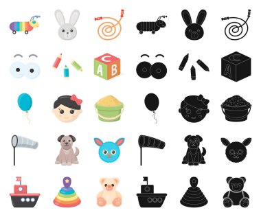 Çocuk çizgi film, siyah simgeler set koleksiyonu tasarım için oyuncak. Oyun ve önemsiz şey sembol stok web illüstrasyon vektör.