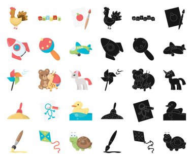 Çocuk çizgi film, siyah simgeler set koleksiyonu tasarım için oyuncak. Oyun ve önemsiz şey sembol stok web illüstrasyon vektör.