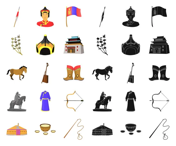 Land Mongolië tekenfilm, zwarte pictogrammen in set collectie voor design. Grondgebied en mijlpaal symbool voorraad web vectorillustratie. — Stockvector