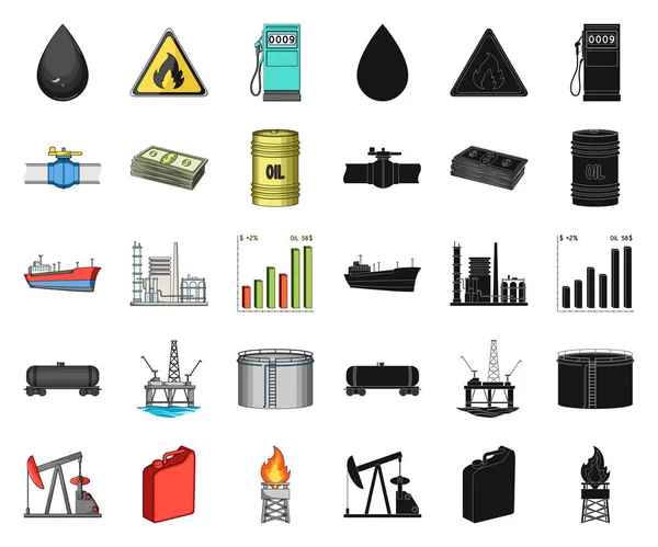 Cartoon der Ölindustrie, schwarze Ikonen in Set-Kollektion für Design. Ausrüstung und Ölproduktion Vektor Symbol Stock Web Illustration. — Stockvektor