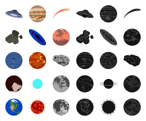 Planetas del sistema solar de dibujos animados, iconos negros en la colección de conjuntos para el diseño. Cosmos y astronomía vector símbolo stock web ilustración . — Vector de stock